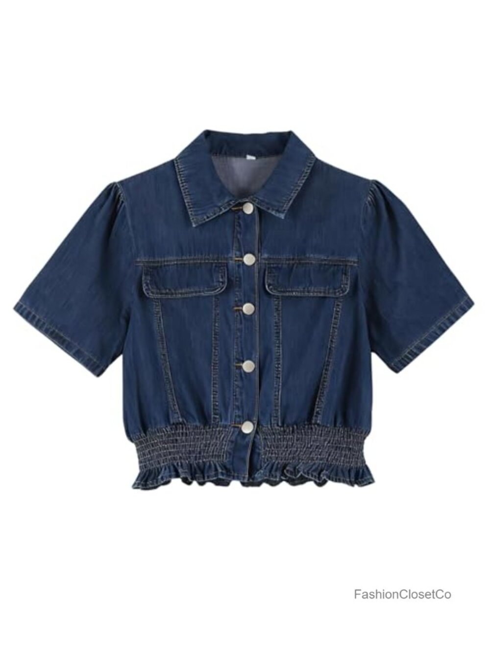 Women's Denim Crop Top Peplum Ruffle Hem Short Sleeve Button Up Cowgirl Shirt